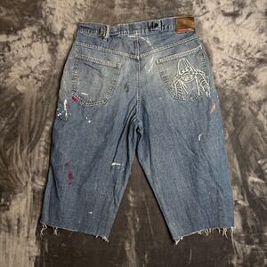 Vintage Y2k Fubu Chopped Jean Shorts Jorts Size 34x19 Thrashed Faded Skater